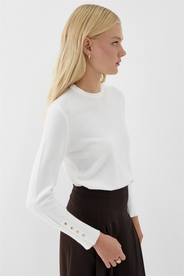 Bisiklet Yaka Kolları Düğmeli İnce Triko Kazak Ekru
