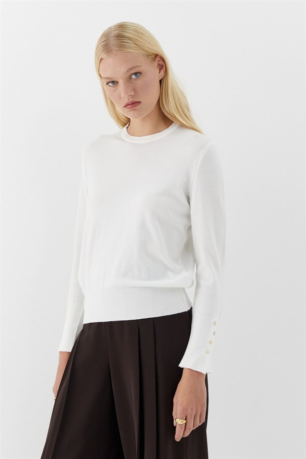 Bisiklet Yaka Kolları Düğmeli İnce Triko Kazak Ekru