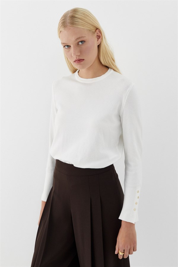 Bisiklet Yaka Kolları Düğmeli İnce Triko Kazak Ekru