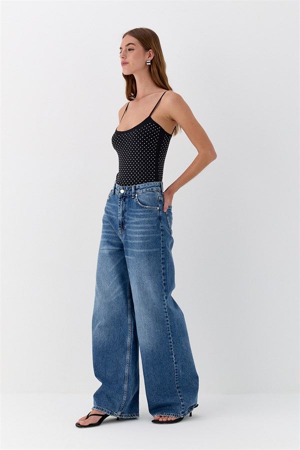 Bol Paça Denim Pantolon Mavi
