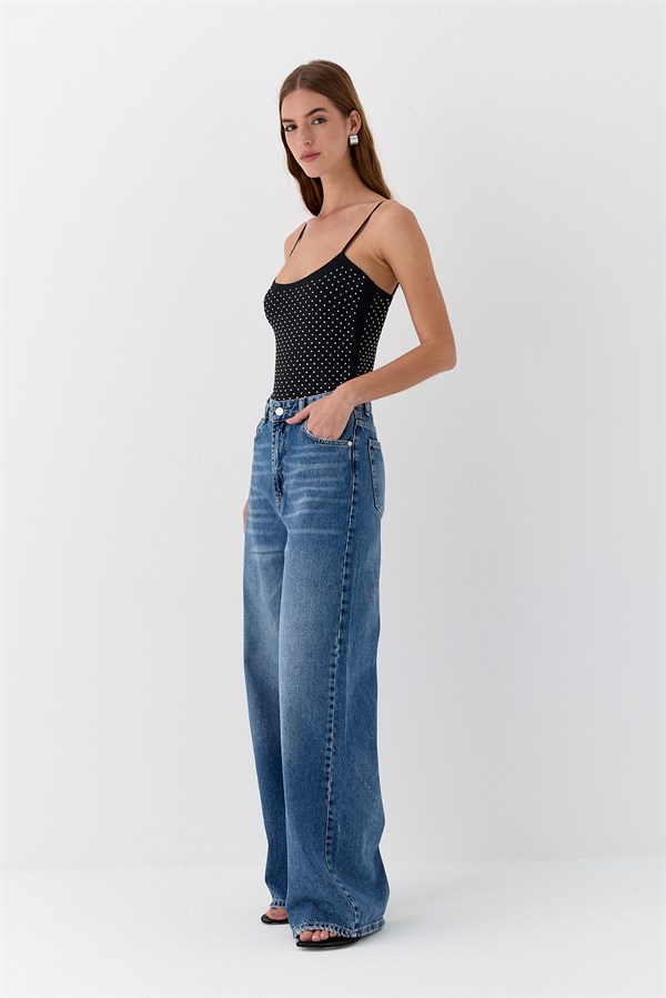 Bol Paça Denim Pantolon Mavi