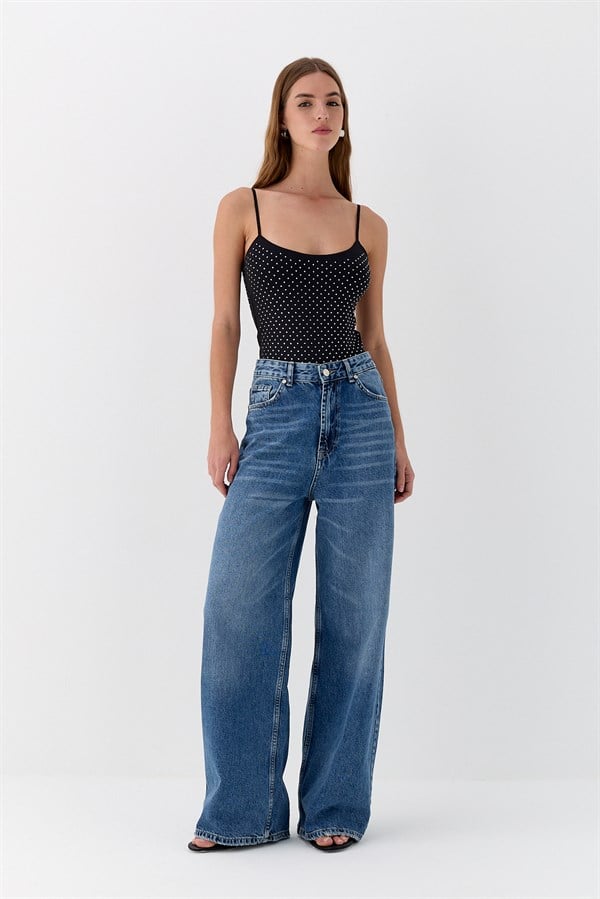 Bol Paça Denim Pantolon Mavi