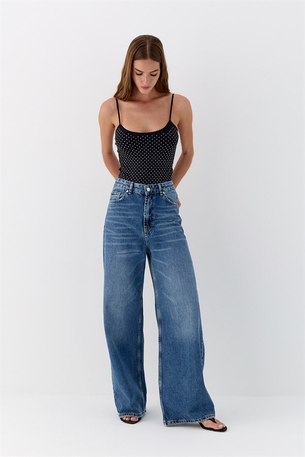 Bol Paça Denim Pantolon Mavi