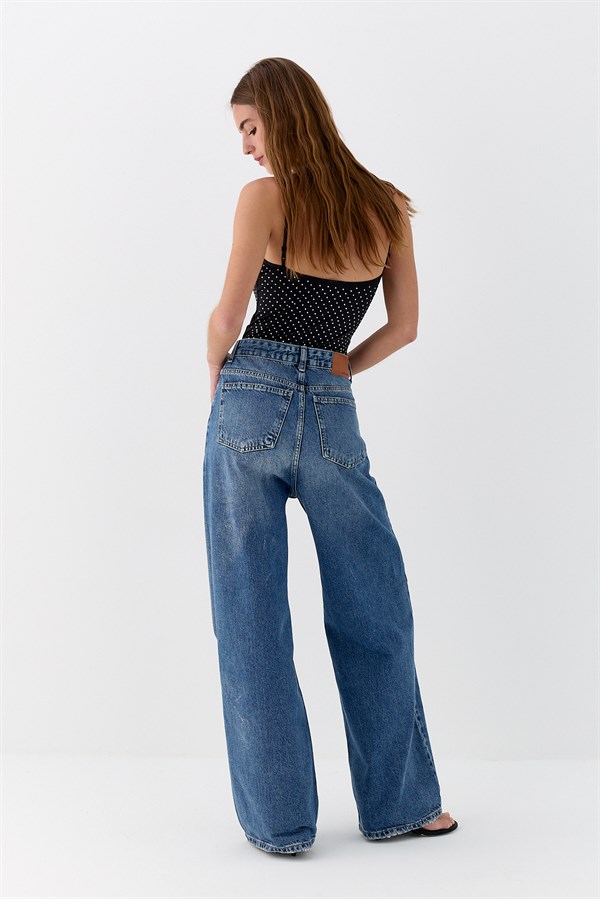 Bol Paça Denim Pantolon Mavi