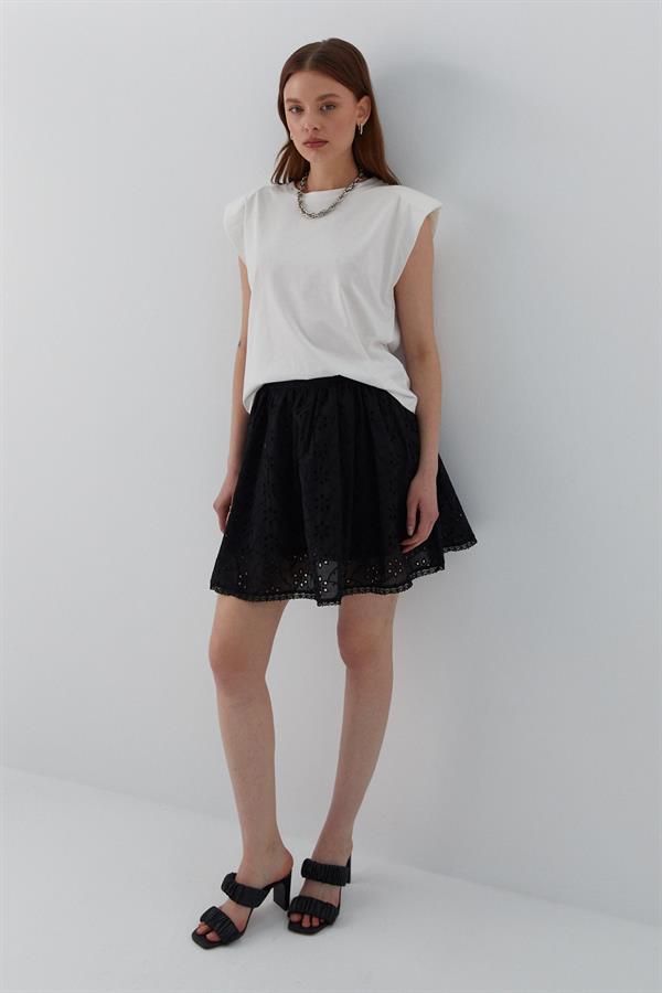 Brode Detaylı Şortlu Mini Etek Siyah