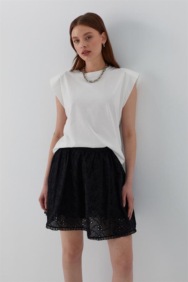 Brode Detaylı Şortlu Mini Etek Siyah