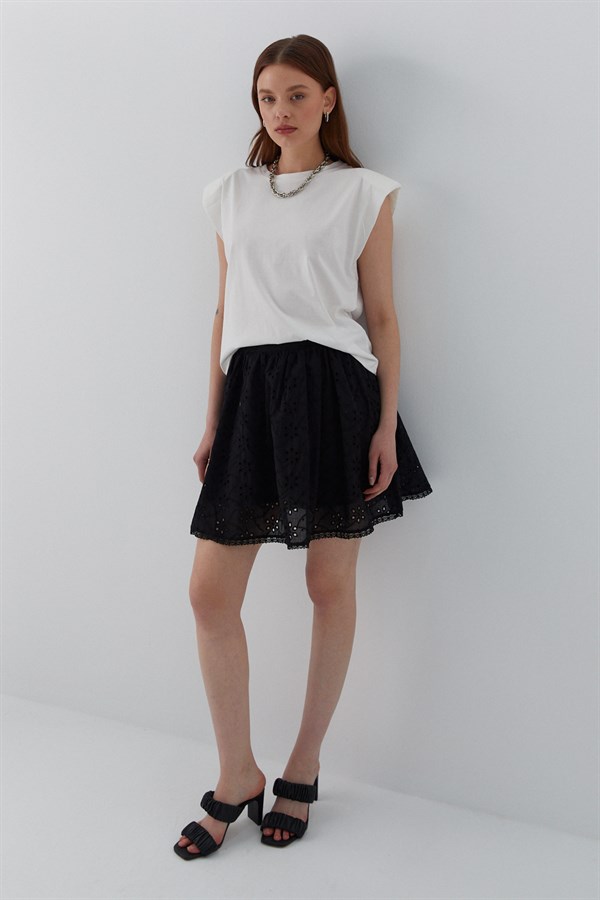 Brode Detaylı Şortlu Mini Etek Siyah