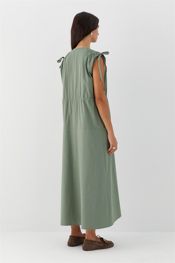 Büzgü Detaylı V Yaka Elbise Haki