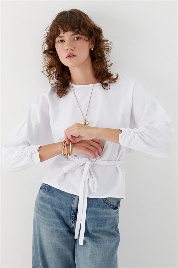 Büzgü Manşetli Kuşaklı Bluz Beyaz