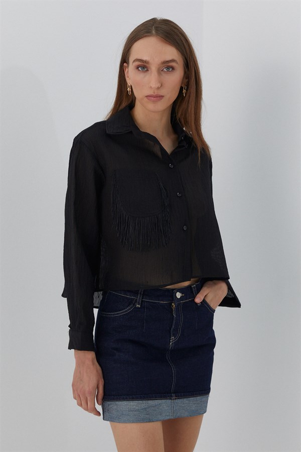 Cebi Püsküllü Gömlek Siyah