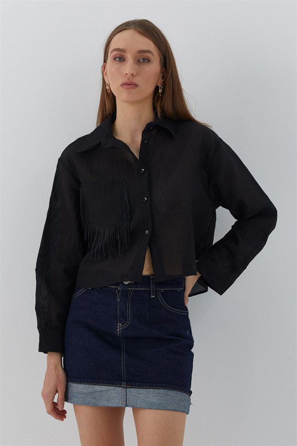 Cebi Püsküllü Gömlek Siyah