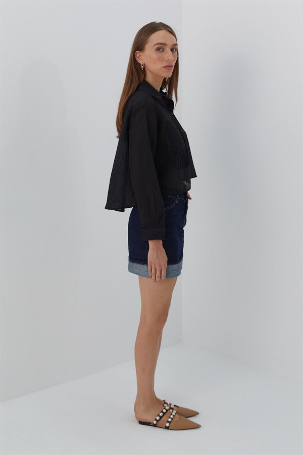 Cebi Püsküllü Gömlek Siyah