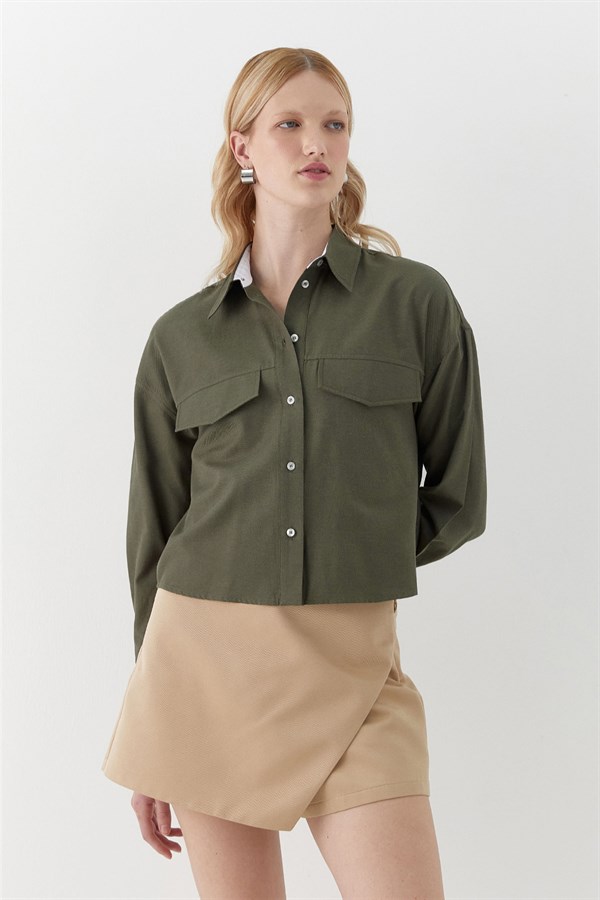Cep Detaylı Garnili Gömlek Haki
