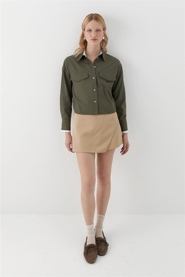 Cep Detaylı Garnili Gömlek Haki