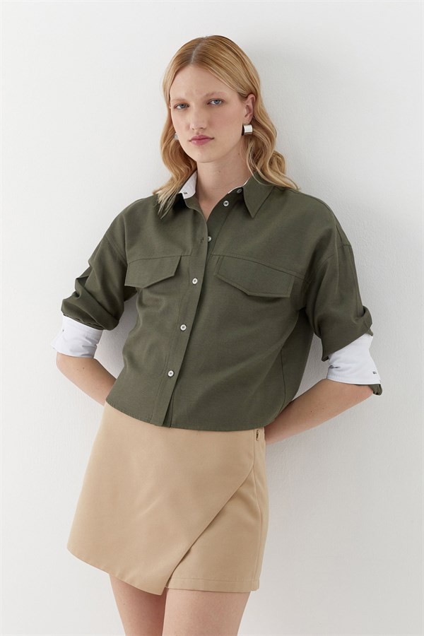 Cep Detaylı Garnili Gömlek Haki