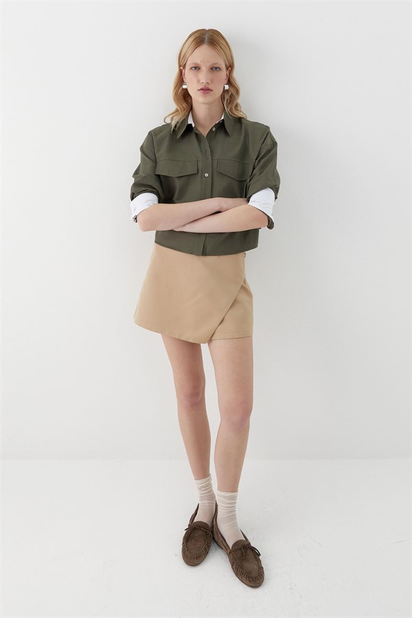 Cep Detaylı Garnili Gömlek Haki