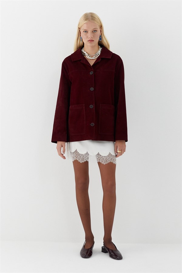 Cep Detaylı Süet Ceket Bordo