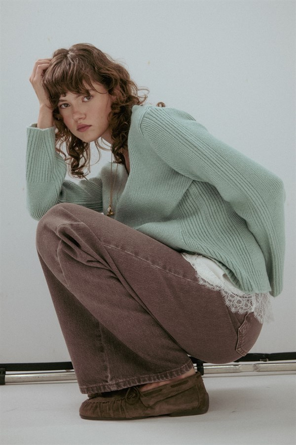 Cep Detaylı V Yaka Triko Hırka Mint