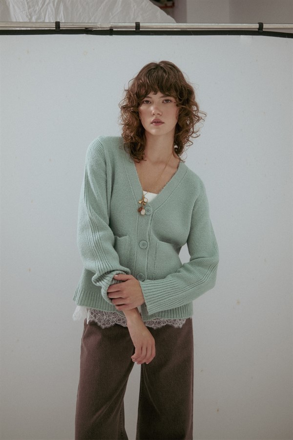 Cep Detaylı V Yaka Triko Hırka Mint