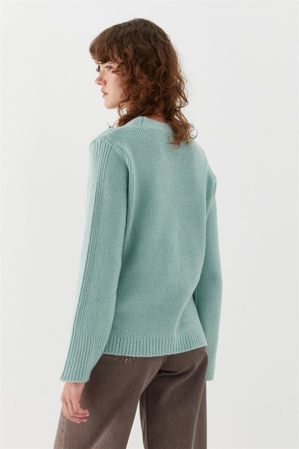 Cep Detaylı V Yaka Triko Hırka Mint