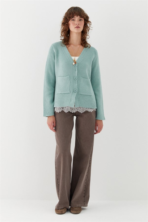 Cep Detaylı V Yaka Triko Hırka Mint