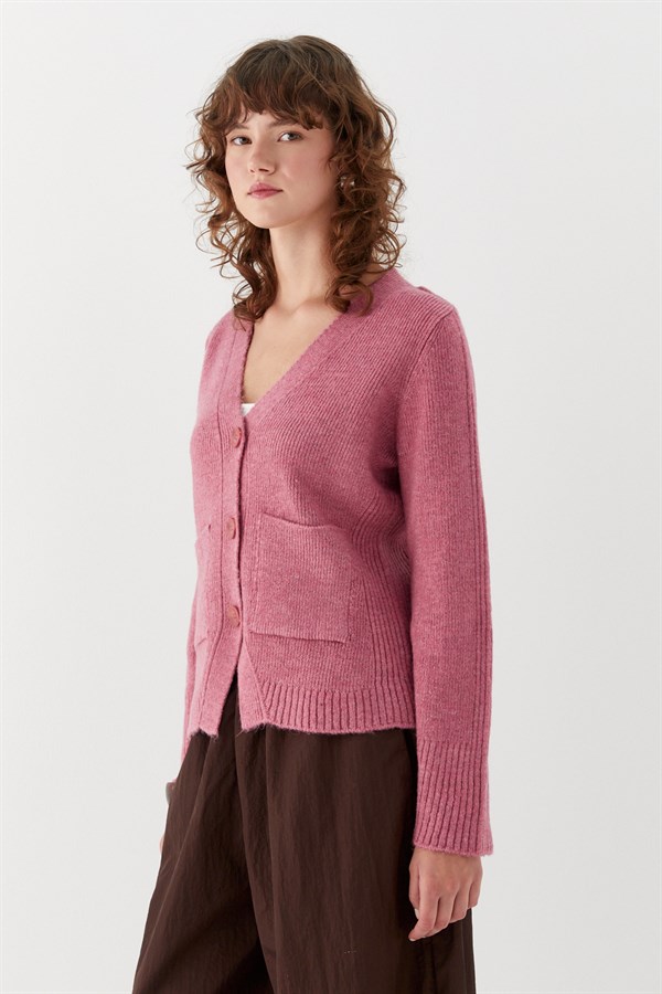 Cep Detaylı V Yaka Triko Hırka Pembe