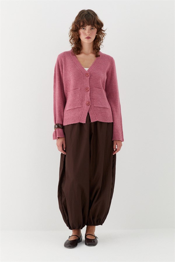 Cep Detaylı V Yaka Triko Hırka Pembe