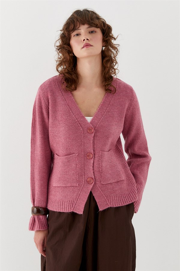 Cep Detaylı V Yaka Triko Hırka Pembe