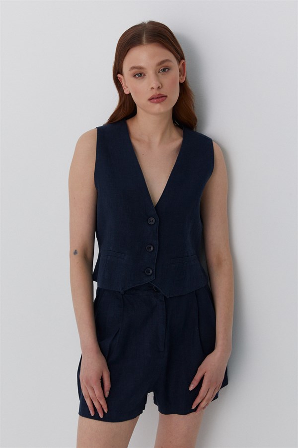 Cepkenli Şortlu Keten Takım Lacivert