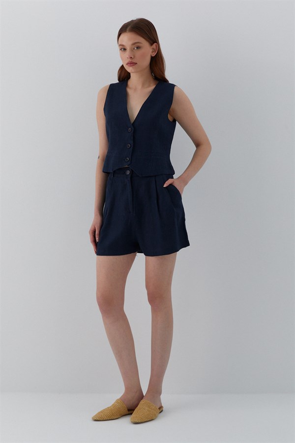Cepkenli Şortlu Keten Takım Lacivert