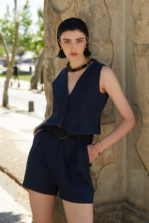 Cepkenli Şortlu Keten Takım Lacivert