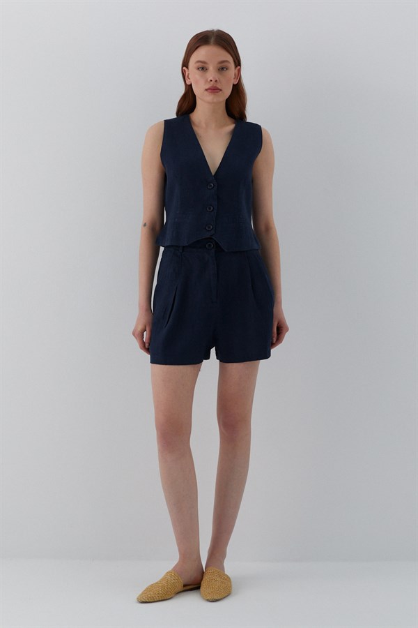 Cepkenli Şortlu Keten Takım Lacivert