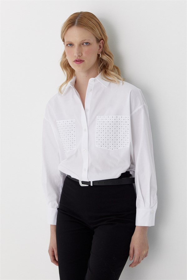 Cepleri Taş Detaylı Gömlek Beyaz