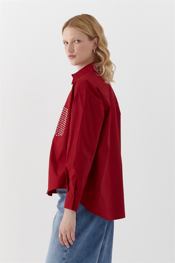 Cepleri Taş Detaylı Gömlek Bordo