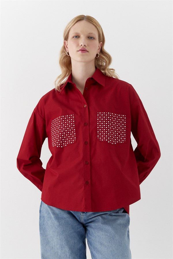 Cepleri Taş Detaylı Gömlek Bordo