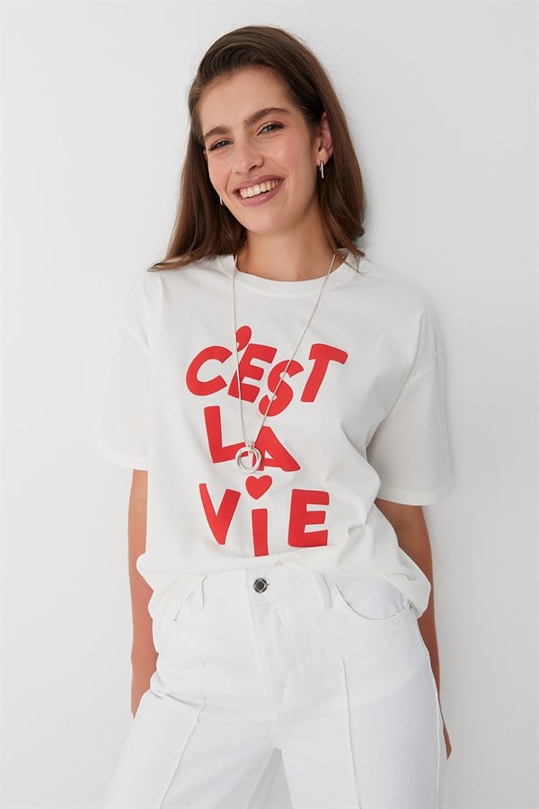 Cest Lavie Baskı T-shirt Ekru