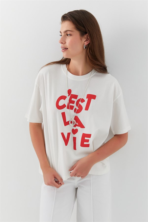 Cest Lavie Baskı T-shirt Ekru