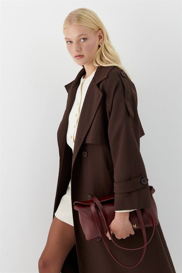 Çift Düğmeli Uzun Trençkot Acı Kahve