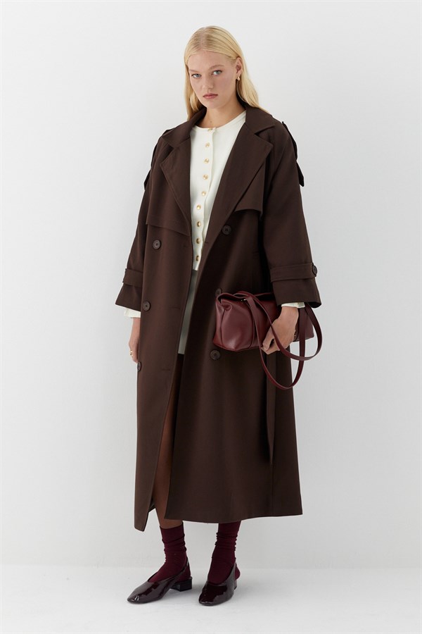 Çift Düğmeli Uzun Trençkot Acı Kahve