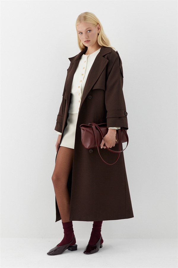 Çift Düğmeli Uzun Trençkot Acı Kahve