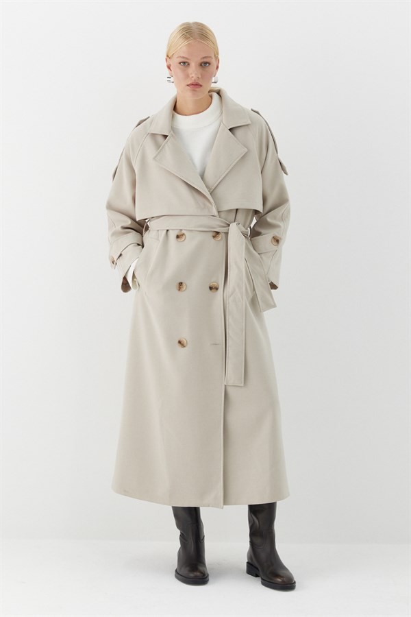 Çift Düğmeli Uzun Trençkot Taş