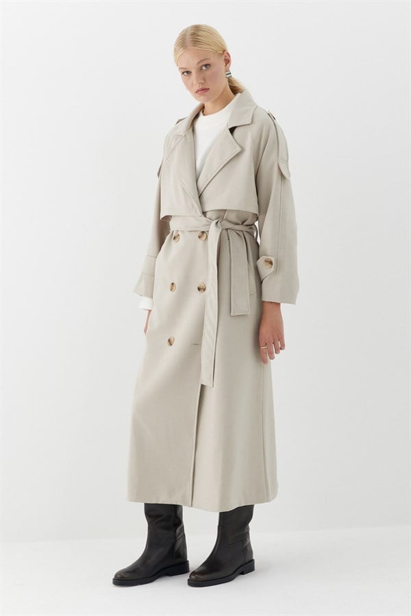 Çift Düğmeli Uzun Trençkot Taş