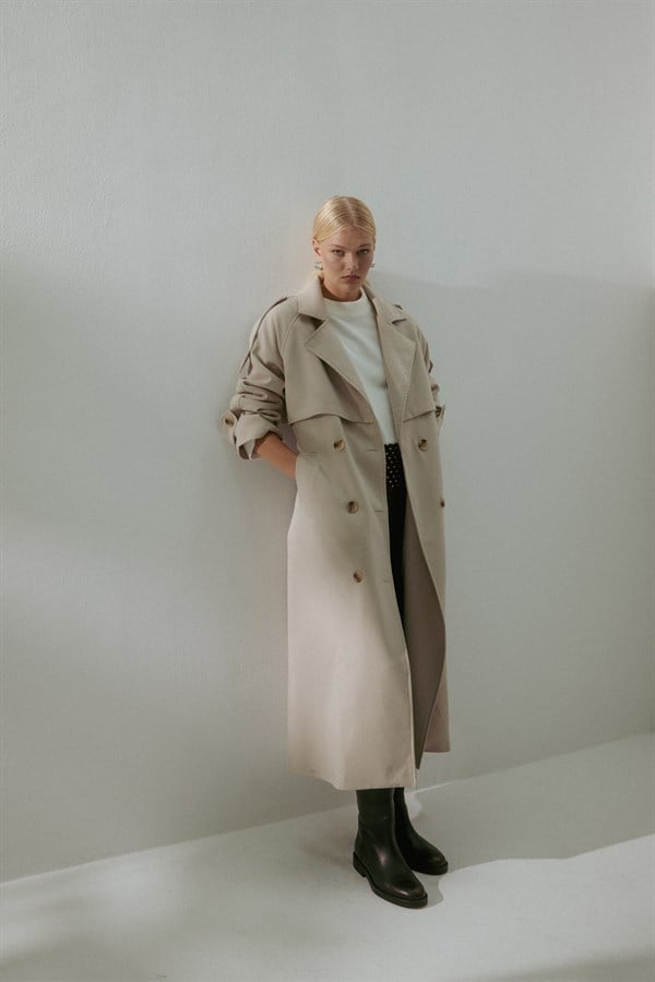Çift Düğmeli Uzun Trençkot Taş