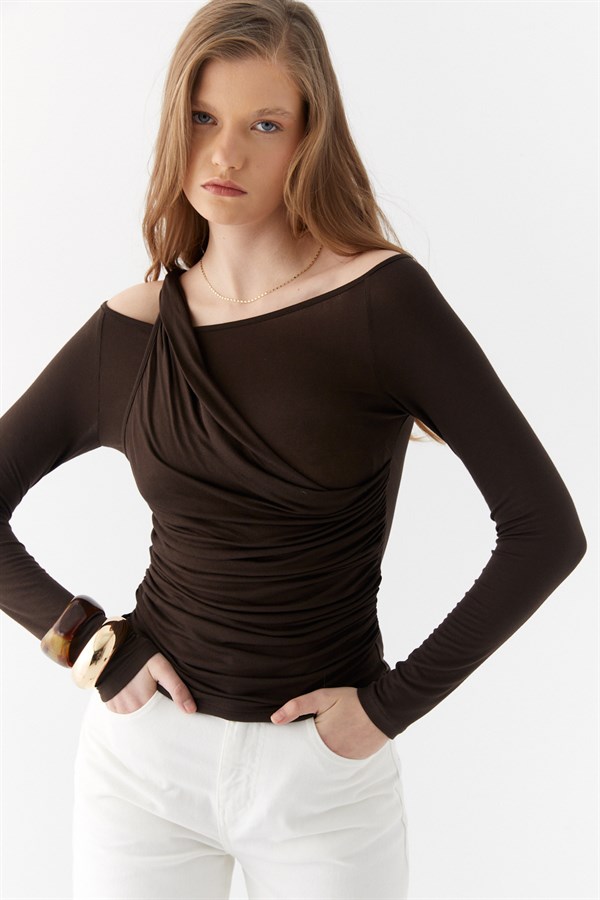 Çift Kat Drapeli Bluz Acı Kahve