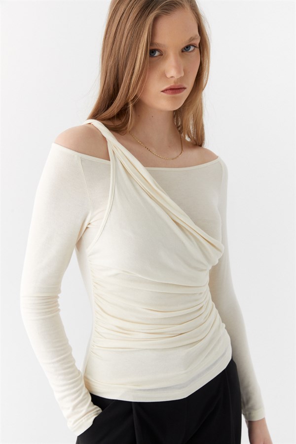 Çift Kat Drapeli Bluz Ekru
