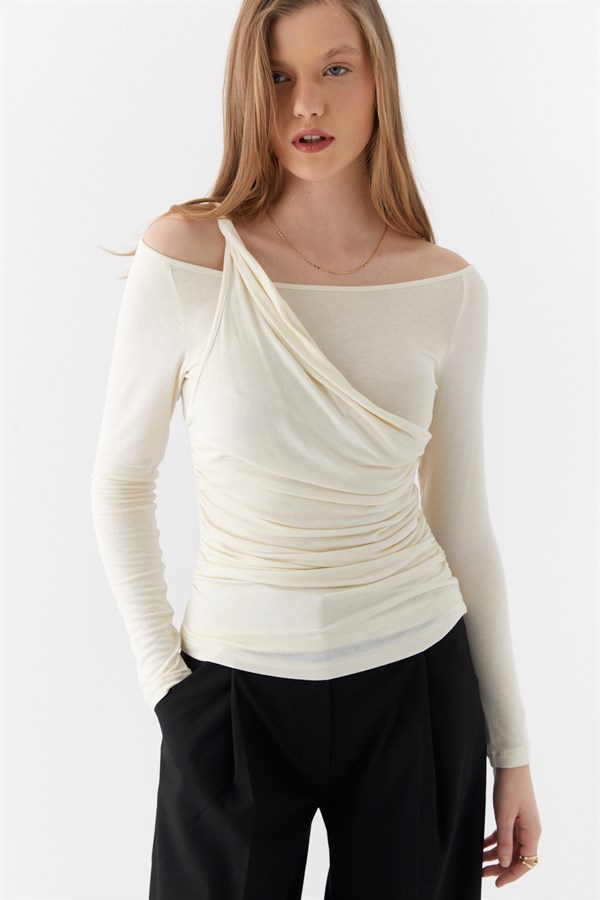 Çift Kat Drapeli Bluz Ekru