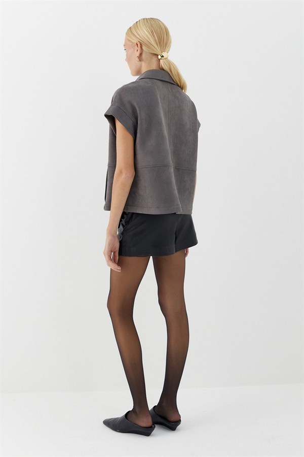 Çıtçıtlı Süet Yelek Gri