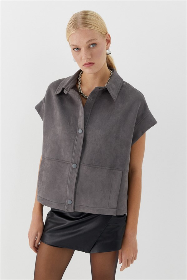 Çıtçıtlı Süet Yelek Gri