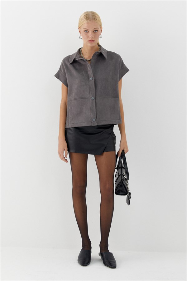 Çıtçıtlı Süet Yelek Gri