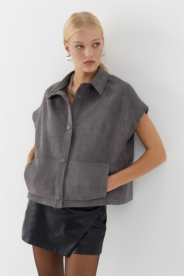 Çıtçıtlı Süet Yelek Gri